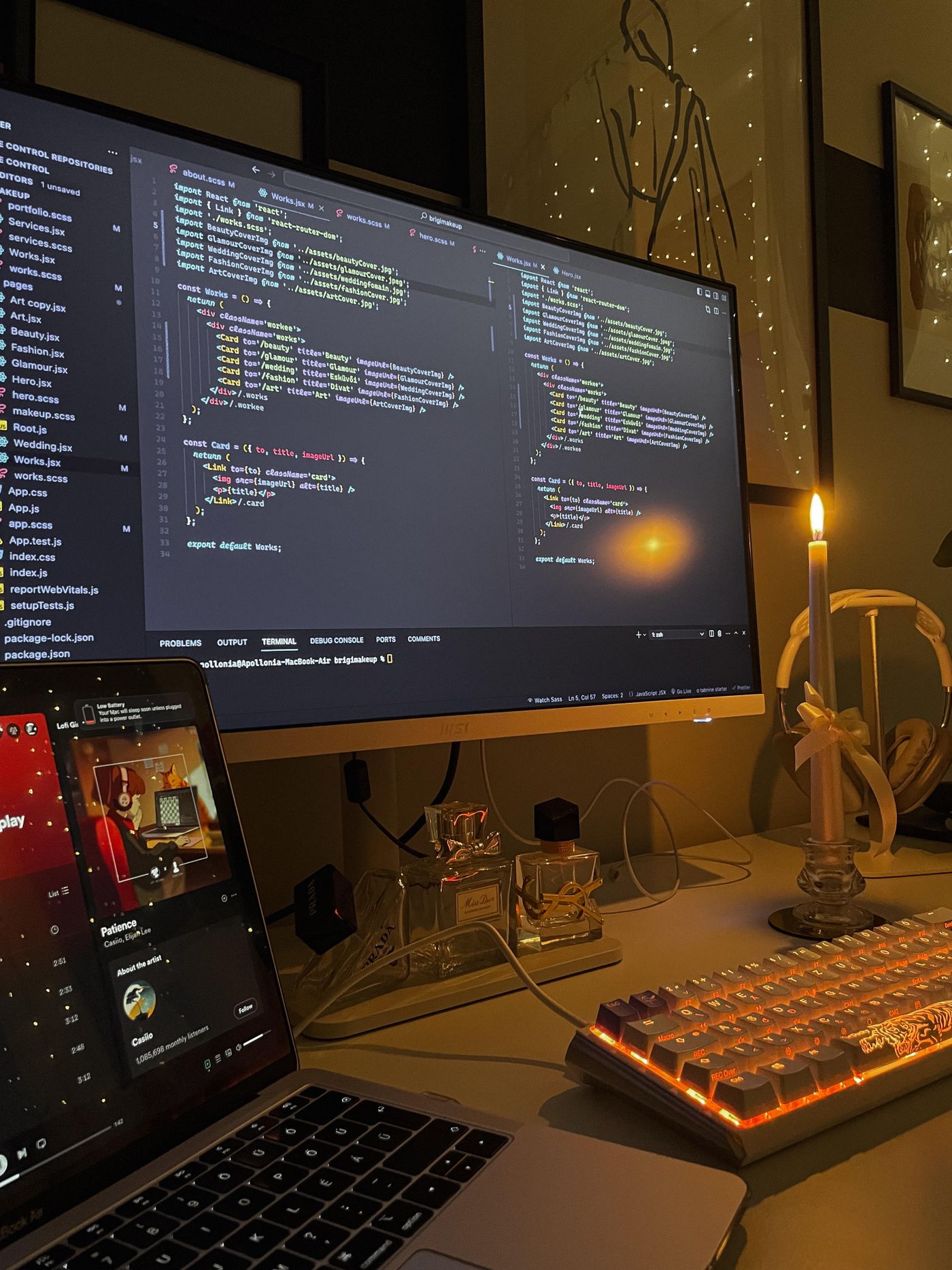 A cosy coding workspace at night